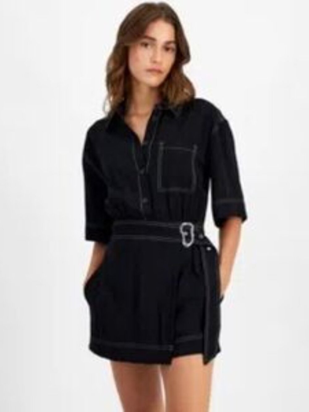 Nordstrom Bar III Woven Short Sleeve Romper with Contrast Stitching Black Size M